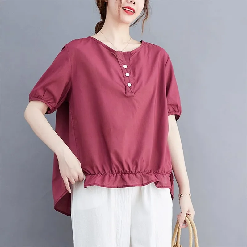 

2024 Summer New Arts Style Women Short Sleeve V-neck Button T-shirt All-matched Casual Loose Red Tee Shirt Femme Tops P705