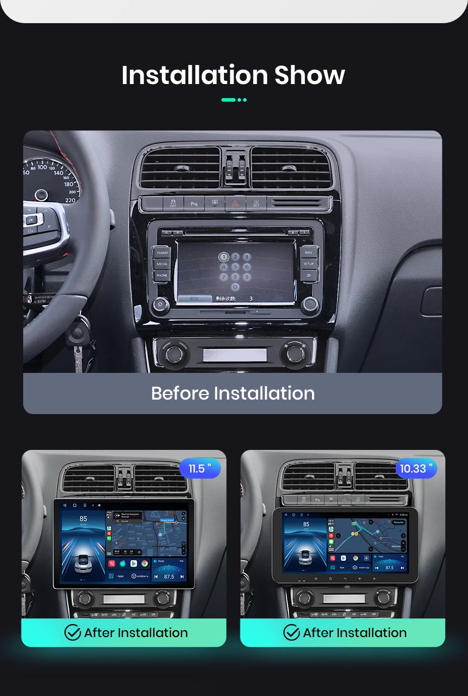 Junsun x7 Serie 11.5 "2k kabelloses Carplay Android Auto Autoradio für vw Volkswagen Polo 5 Limousine 2014-2018 Multimedia Autoradio – Detail 5