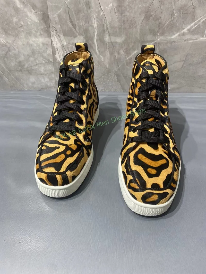 Men Woman Fashion Yellow Brown Leopard Print High Top Boots Comfortable Flat Heel Round Toe Lace Up Male Ankle Boots Shoes