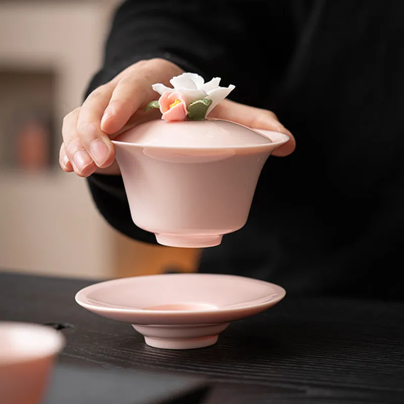 Creative Hand-kneading Flowers Ceramic Gaiwan Handmade Suede Jade Porcelain Tea Tureen Teacup Household Tea Bowl Chinese Teaware