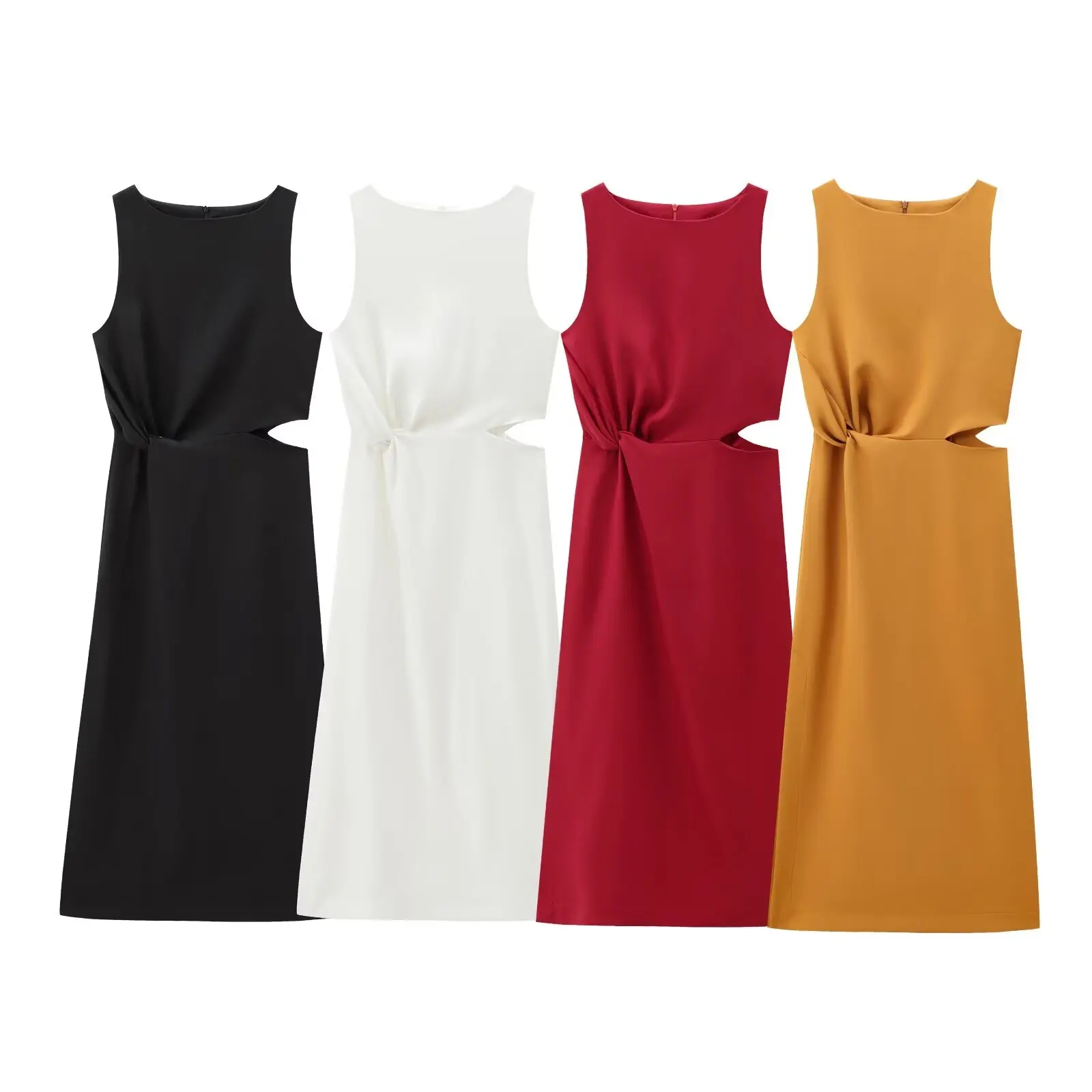 

Women's new fashion knot decoration casual opening design O Neck sleeveless MIDI dress retro back zipper women's dress Mujer