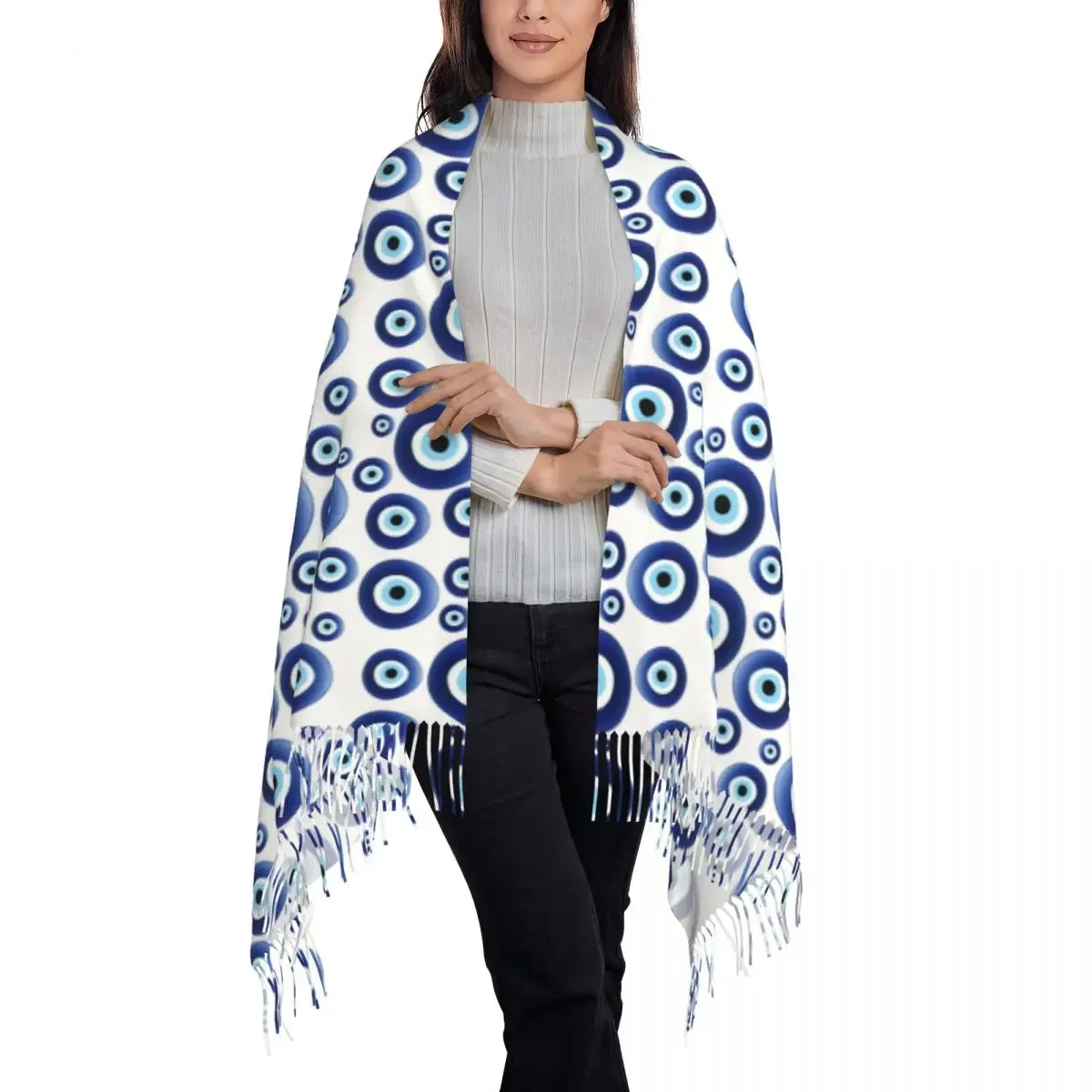 Lady Large Mediterranean Evil Eye Protection Scarves Women Winter Thick Warm Tassel Shawl Wraps Lucky Charm Amulet Hamsa Scarf image 3