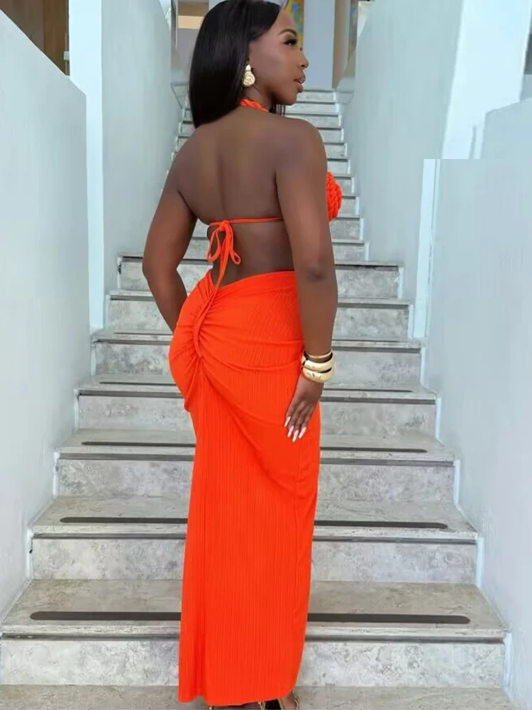 Kricessen Piękna Sukienka Maxi Damska Letnia z Wycięciami, Marszczeniami i Wysokim Rozcięciem w Stylu Tropic Criss Cross, Sukienka Bandage na Wakacje