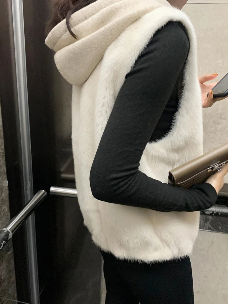 Winter Women Faux Fur Vest Removable Hood Sleeveless Korean Fashion Girls Warm Hooded Faux Fur Coat Female Jacket Black White