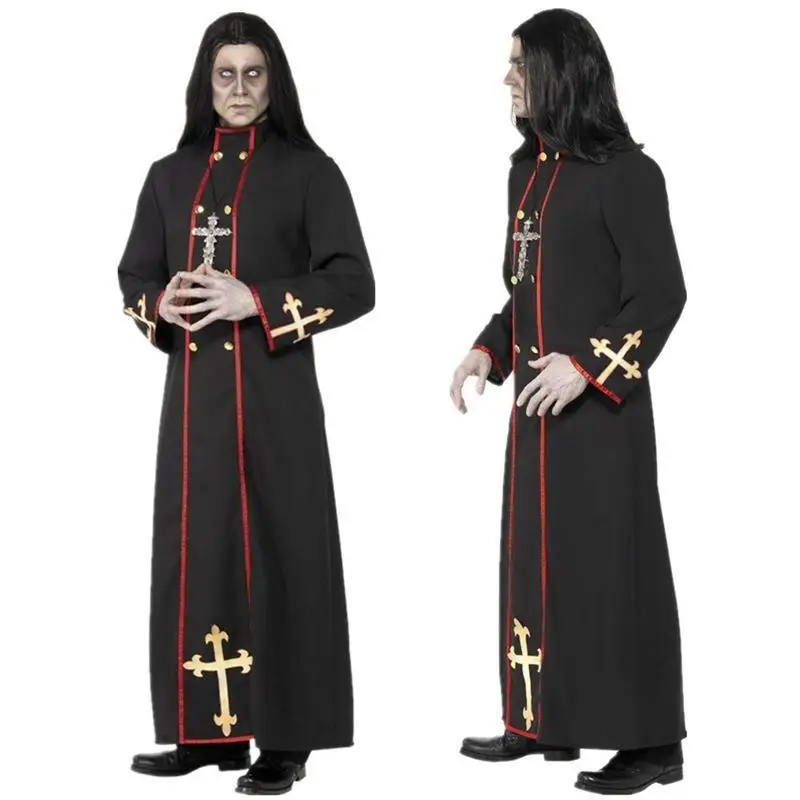 

2023 Medieval Retro Father Role-playing Cosplay Costume Halloween Horrific Men Priest Black Robe Cross Necklace Sets