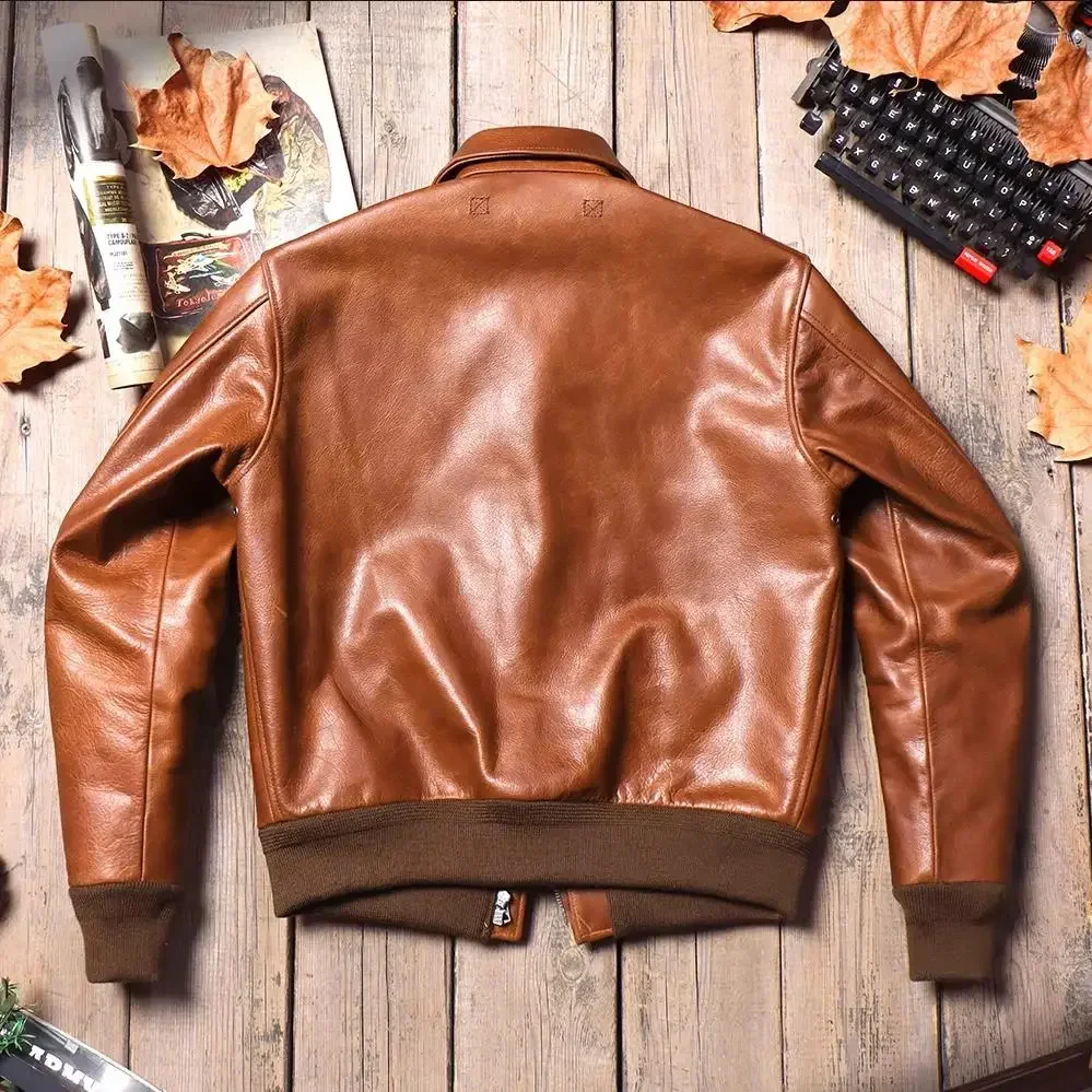 Nueva chaqueta clásica de cuero genuino para hombre de piel de vaca con cera de aceite A-2, abrigos reales de motocicleta Bomber Excape marrón de lujo