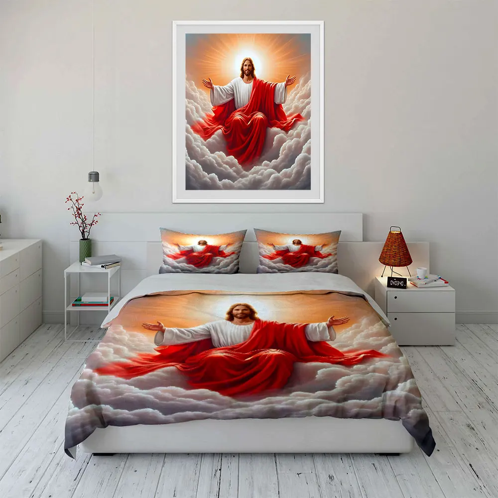 Jesus sat radiantly in the clouds Duvet Cover Set with 3D Printing Design Soft Polyester Bedding Set All-Season Comfort