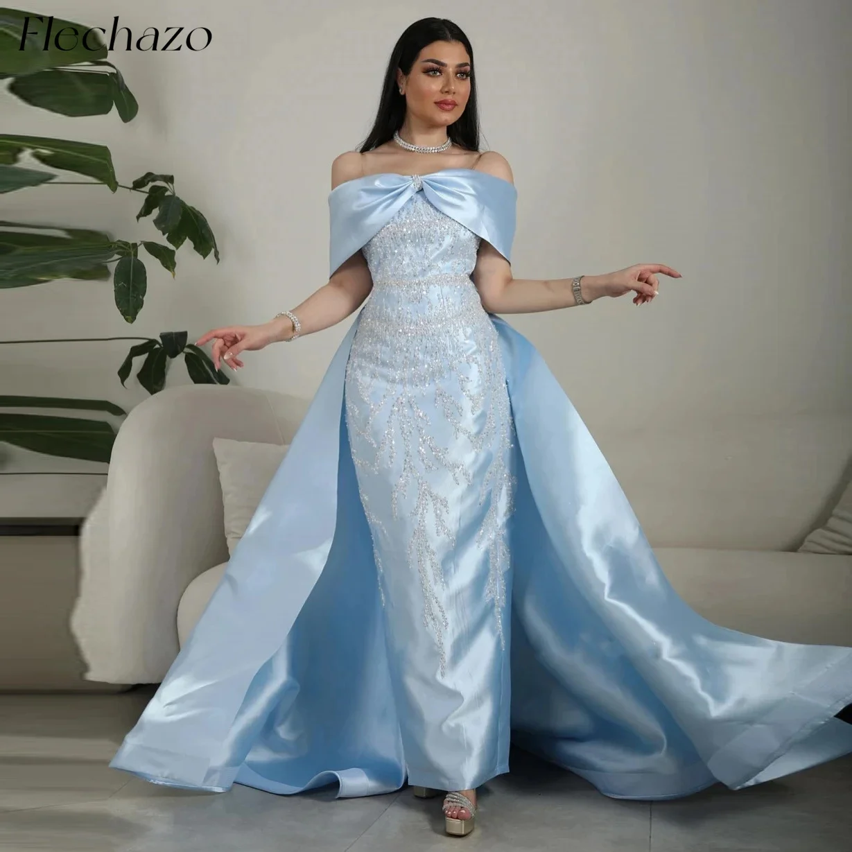 

Flechazo Sky Blue Satin Prom Dresses Off Shoulder Beads Floor-length Formal Occasion Party Dress For Women 2024 vestidos de gala