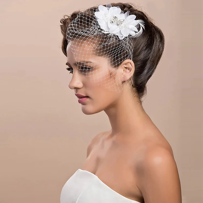 Véu preto birdcage véu branco pena apliques strass brilhantes bandana véu para acessórios de cabelo casamento nupcial fascinators