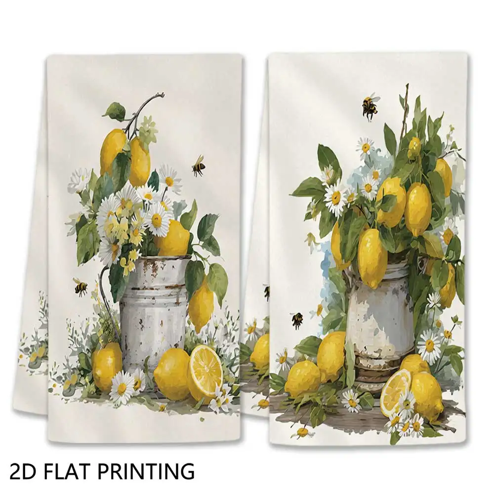 Jit 2pcs Lemon Daisy Bee Pattern Dish Towels For Home Kitchen Table Decor