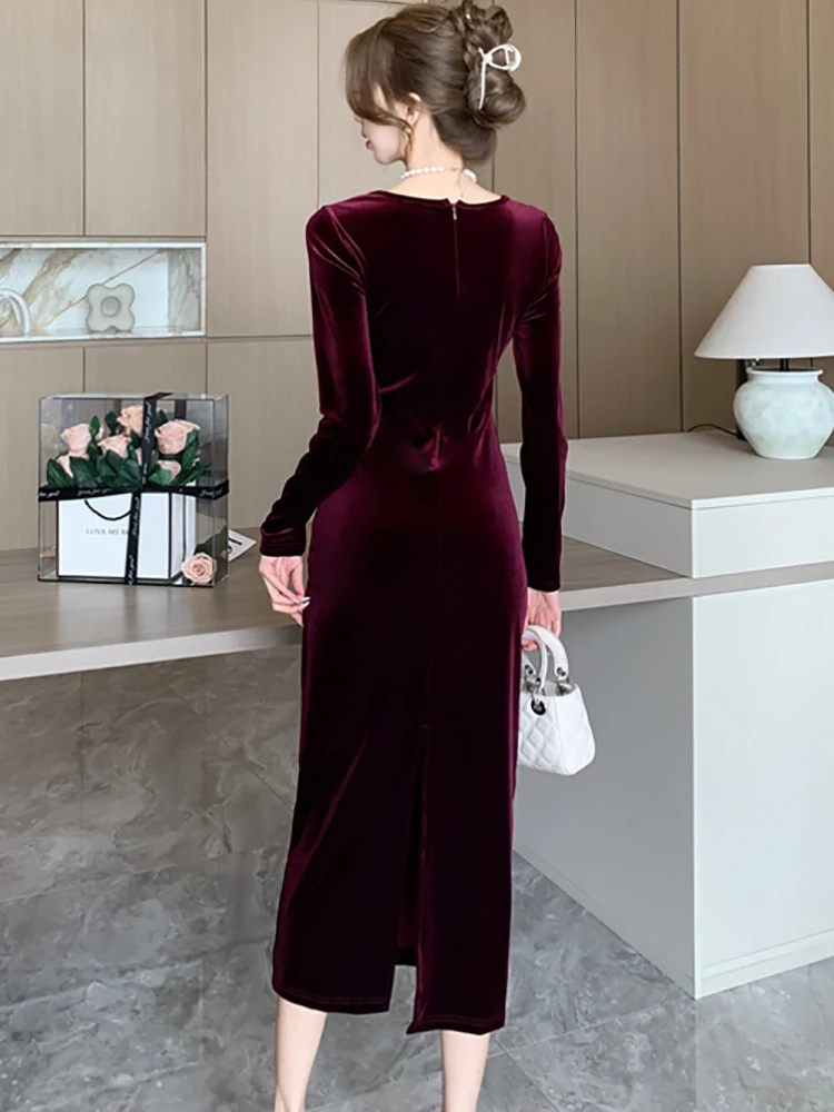 Women Blue Velvet Long Sleeve Prom Clothing Autumn Winter Thick Warm Casual Long Dresses 2026 Korean Vintage Elegant Dress Gown