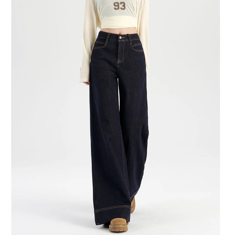 Pantalones vaqueros elegantes de cintura alta para niña, pantalones vaqueros de pierna recta informales Retro para mujer, pantalones coreanos con parte inferior acampanada para uso diario