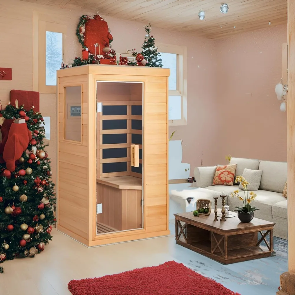 Infrared Sauna 1 Person, Full Spectrum Infrared Sauna for Home, Indoor Dry Sauna with 4 Heater Panels, Bluetooth Tempered Glass