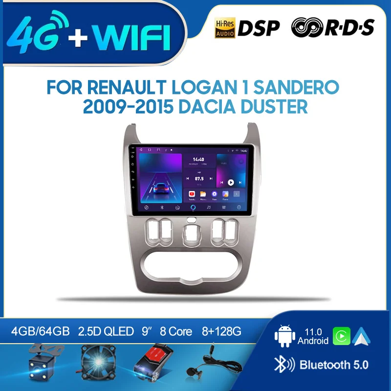 QSZN For Renault Logan1 Sandero 2009-2015 Dacia Duster 2 din Android 12.0 Car Radio Multimedia Video GPS Navigation 4G Carplay