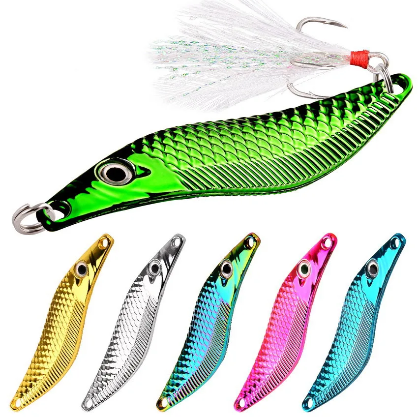 Metal VIB Leech Spinners Spoon Lures 7g-20g Artificial Bait With Feather Hook Night Fishing Tackle for Bass Pike Perch