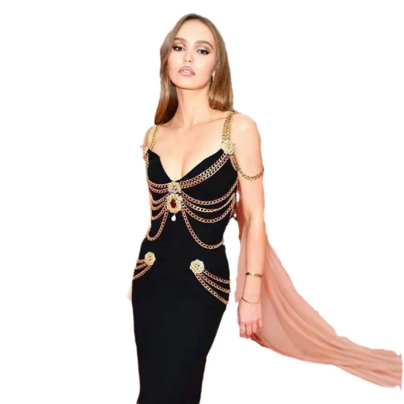 European and American bandage evening dress golden chain retro slim slimming heavy work long party dress