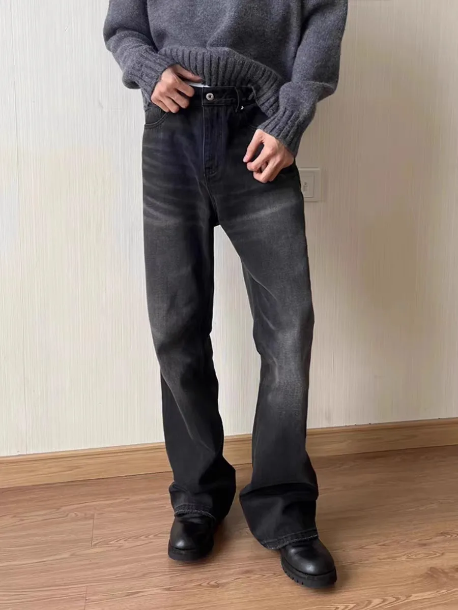 

American Style Faded Black Jeans Men's Hand Washed Cleanfit Loose Straight Leg Slimming Versatile Micro Flared Pants