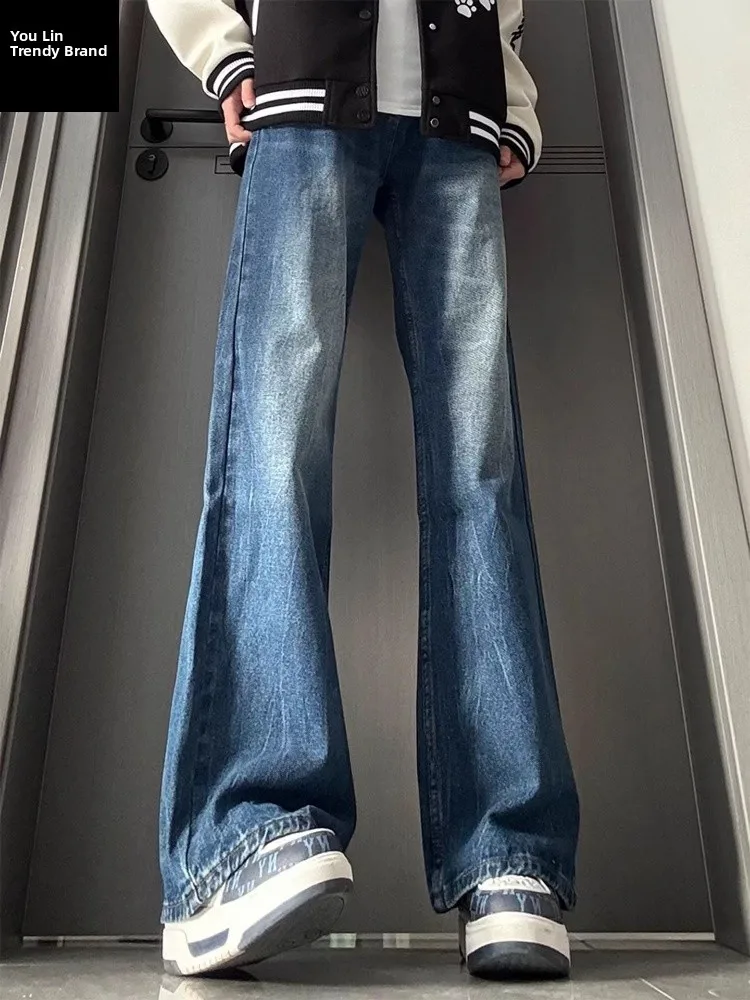 

Blue Lightning Pattern Flared Jeans Men's Autumn Winter American High Street Cleanfit Pants Fleece Lined Slim Straight Leg Jeans