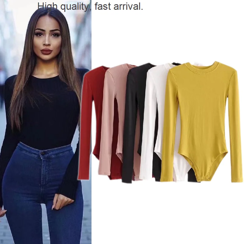 and American European Style Spring and Autumn New round Neck Solid Color Long-Sleeved Tight T-shirt Women's Slim Fit Slimming