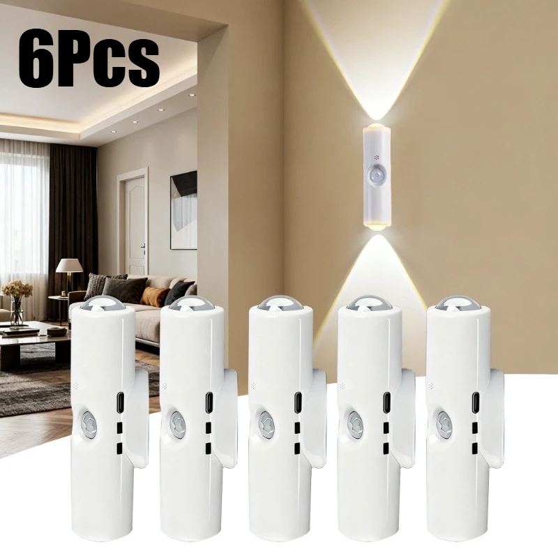 1~6Pcs LED Motion Sensor Light USB Rechargeable Dual-Head Magnetic Night Lamps with  Dimmable for Living Room Bedside Closet