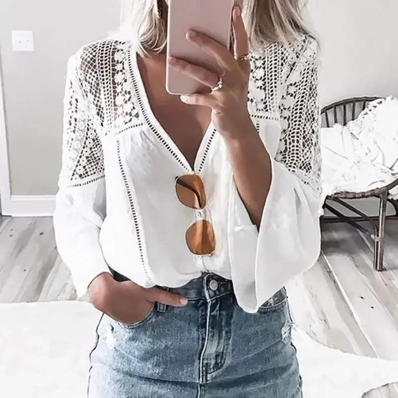 

TEELYNN White lace blouses Women Top vintage V Neck Flare Sleeve Hollow Summer blouse shirt 2020 Casual boho blusas Boho