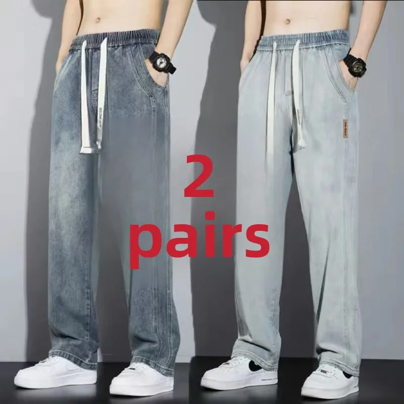 Summer Men's Loose Fit Straight Leg Denim Jeans Wear Resistant Durable Wide Leg Workwear Long Trousers Comfortable Casual Jeans