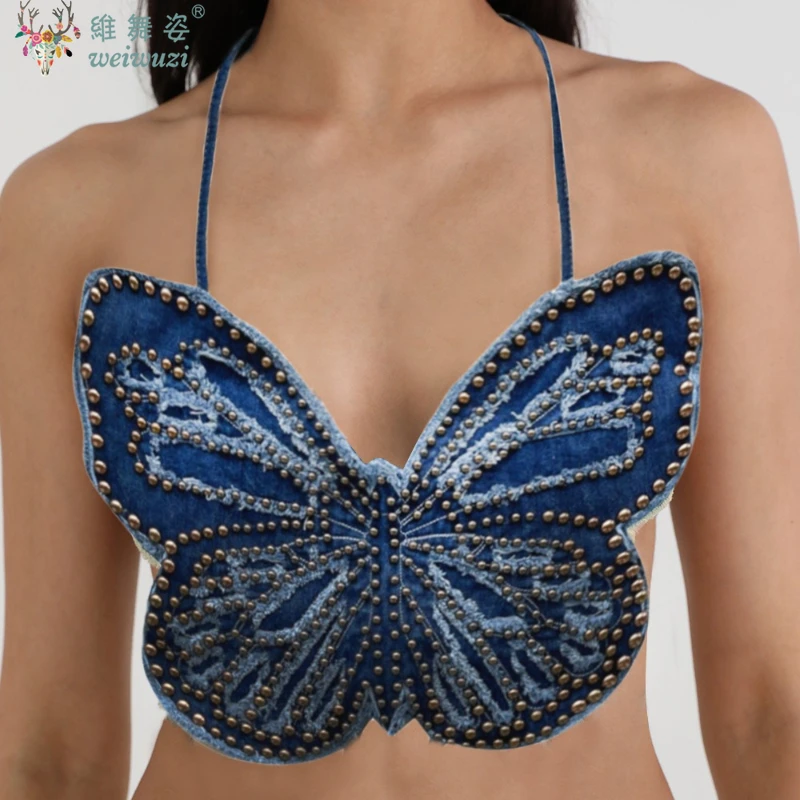 

Женская джинсовая майка с лямкой на шее, сексуальный горячий сладкий джинсовый корсет с бисером и бабочкой, открытая спина, на шнуровке, майки для танца живота, костюм для вечеринки