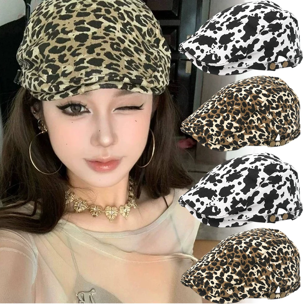 New Retro Leopard Print Beret Spring and Summer Male and Female Literary Painter Hat Casual Sunshade Short Brim Forward Cap