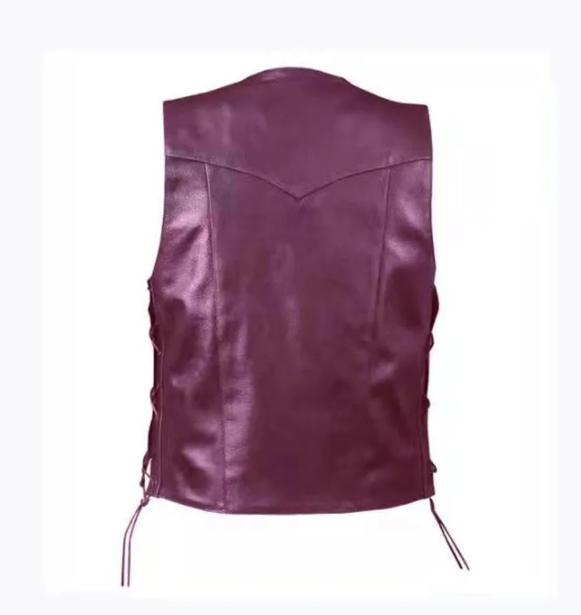 Purchase high-quality men's leather vest V-neck single breasted side strap short sleeveless outdoor vest punk jacket