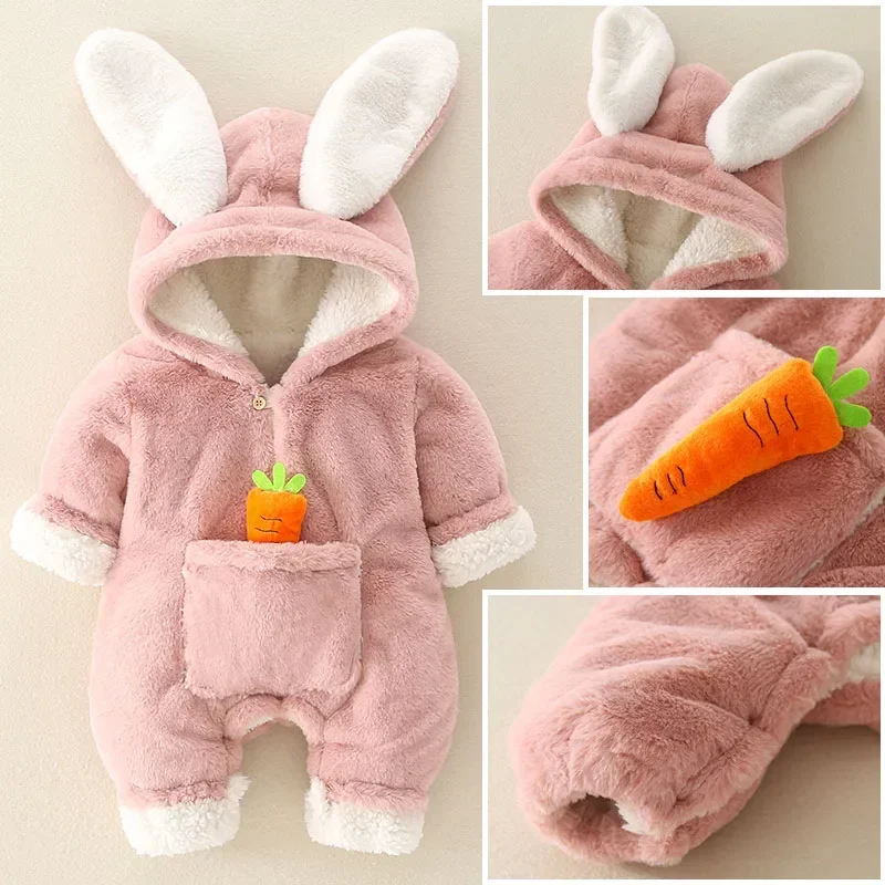 Baby Rompers Winter Warm Coral Fleece Newborn Baby Girl Clothes Cartoon Rabbit Coats Infant Jumpsuit Animal Overalls Pajamas