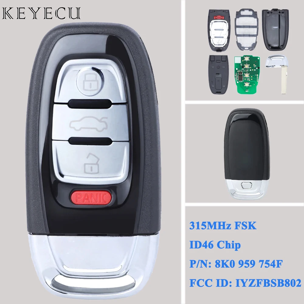 Keyecu For Audi A4 A5 S4 S5 Q5 2008-2012 Lacquered Panit Smart Remote Car Key Fob 315MHz With ID46 Chip IYZFBSB802 8K0959754F