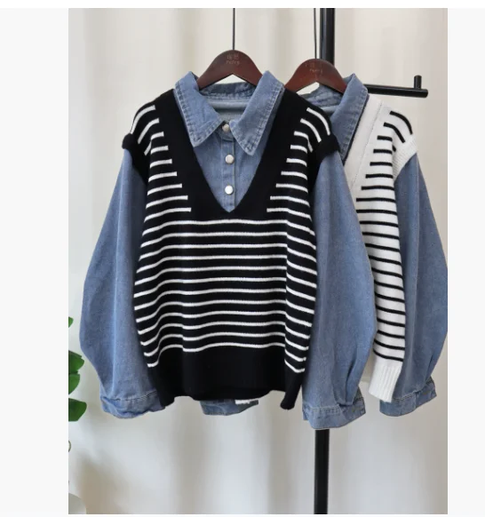 

Contrasting color striped splicing denim knitted sweater top 2024 autumn and winter new Korean version loose casual sweater