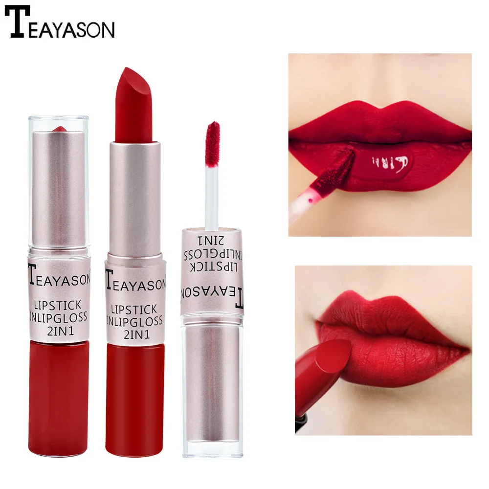 Long Lasting Velvet Matte Lipstick Double Head Lip Gloss Non-stick Cup Lip Gloss Tint Plumper Waterproof 2 in 1 Matte Red Lipsti