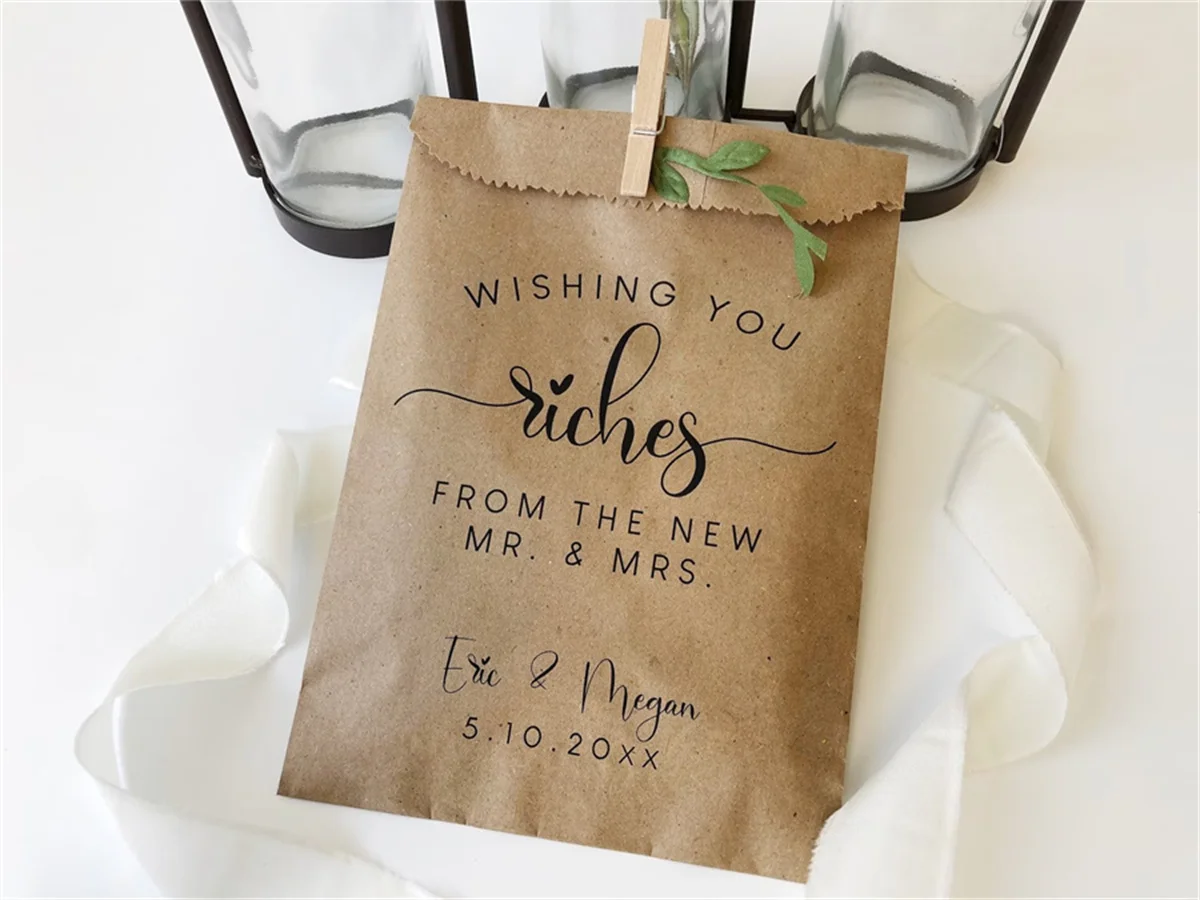 50 Wishing you riches from the new Mr. and Mrs. Custom ticket favor bags, personalized lucky ticket favor bags from the bride