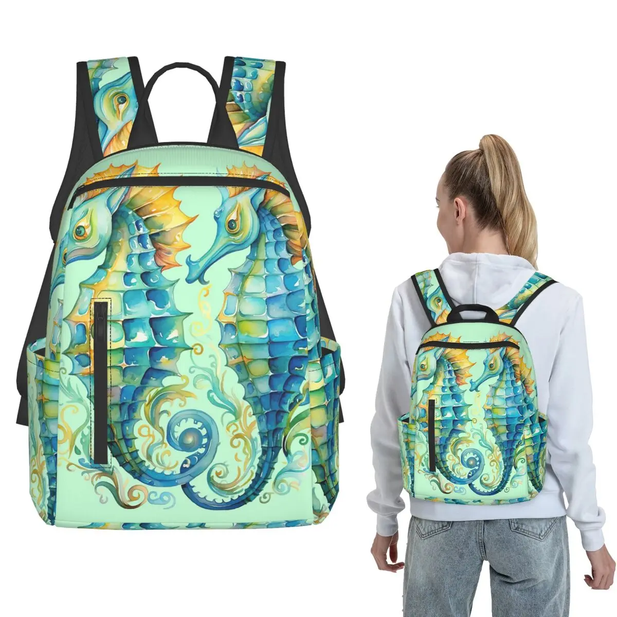 

Cartoon Seahorse Underwater Sea Backpack Large Capacity Boys Girls BookBag School Bag Shoulder Bags for Men Women