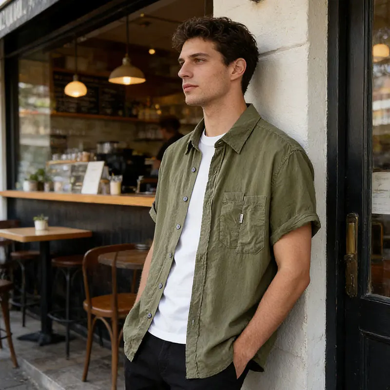 

Summer Men's Minimalist Short Sleeved Shirt Fashionable Versatile Artistic Casual Loose Solid Color Button Down Dress Shirts