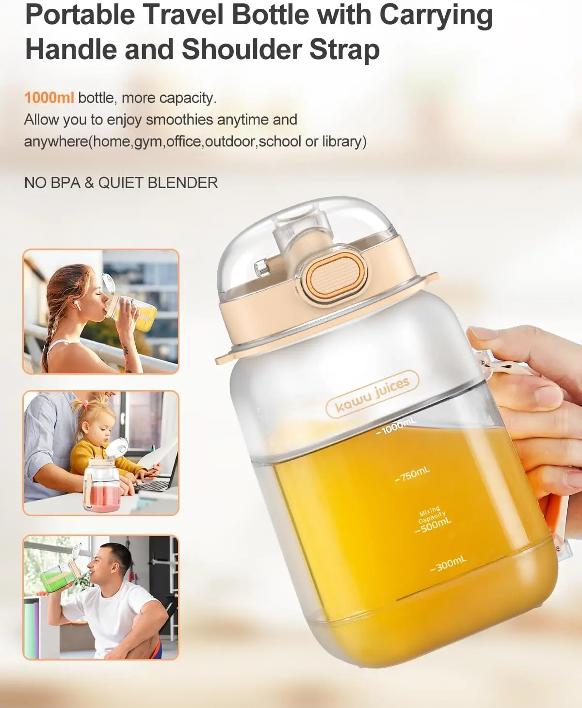 خلاط محمول، خلاط عصائر محمول أثناء التنقل، بدون BPA، خلاطات محمولة للمخفوقات والعصائر، غطاء مانع للتسرب والرشفة