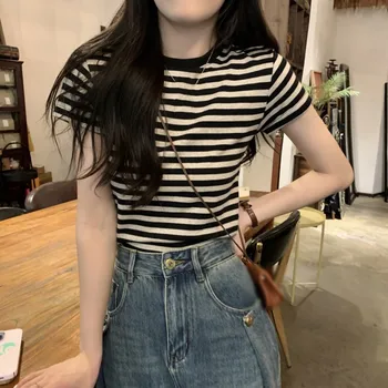 여성용 캐주얼 줄무늬 반팔 티셔츠, O넥 패션, 다용도 상의, 어린 소녀용 여름 