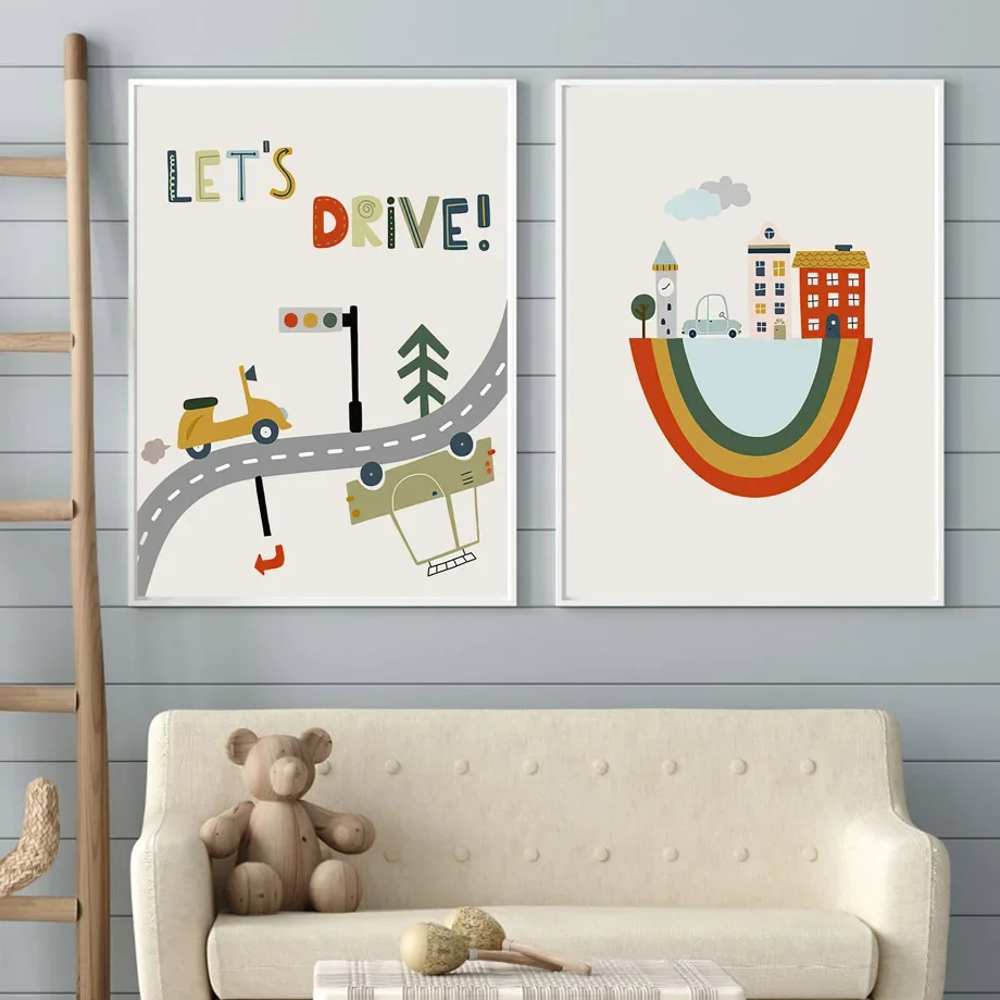 1pc frameless Canvas Painting Funny Cartoon Animal Car Bus Art Nursery Wall Poster Print Giraffe Bridge Children Kids Room Canva