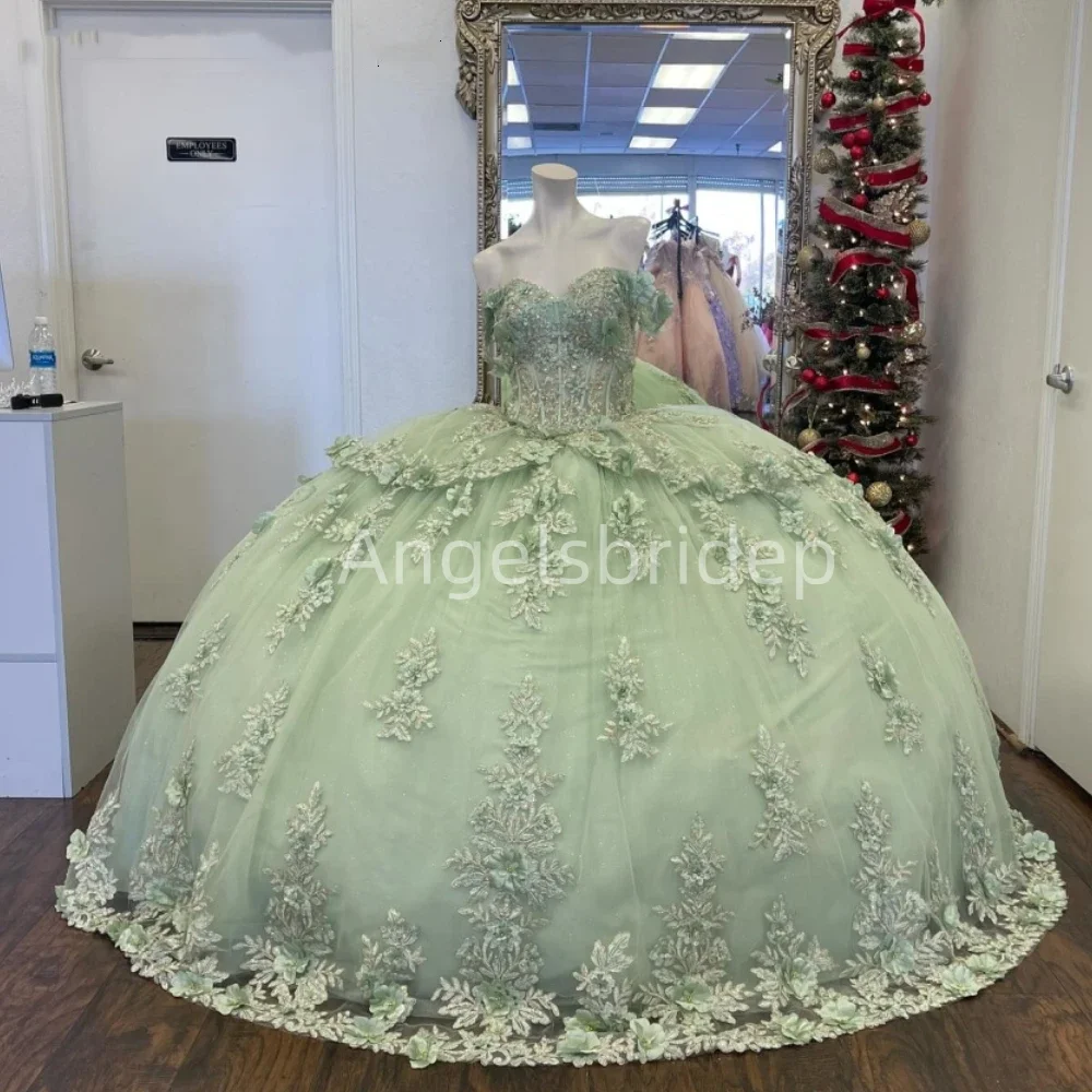 Angelsbride 2025 Sage Green Ball Gown Quinnceanera Dresses With 3D Flora Tiered Mexican Corset Sweet 16 Vestidos De 15 Anos