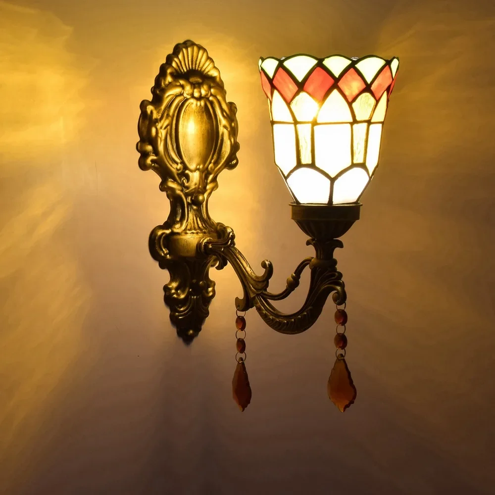 Tiffany retro baño espejo faro pastoral cristal lámpara de pared para cabecera bar pasillo balcón lámpara de pared