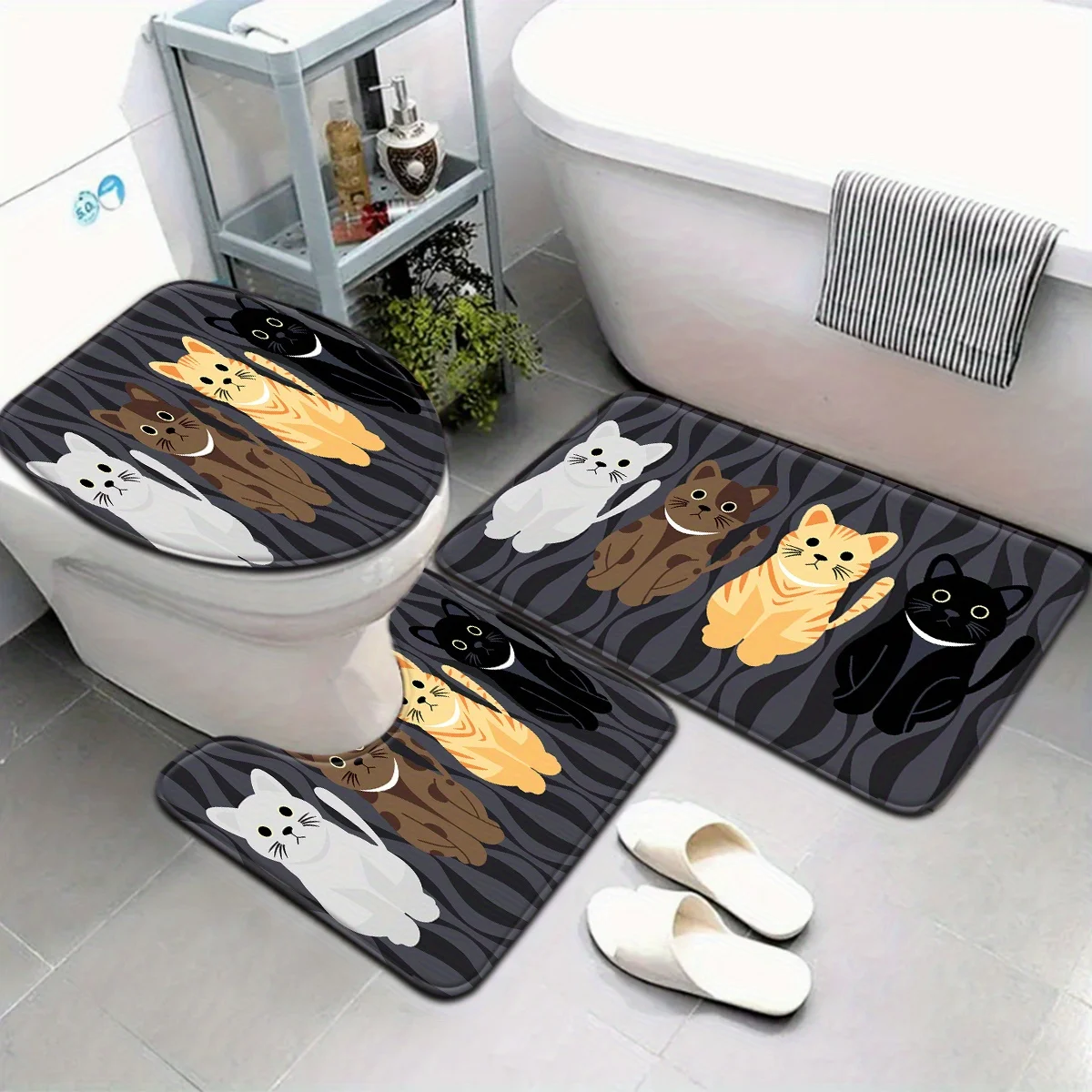 

Cute Cartoon Cat Bathroom Set - Soft & Non-slip Contour Mat, Toilet Cover, and Bathtub Mat for Cozy and Fun Home Decor