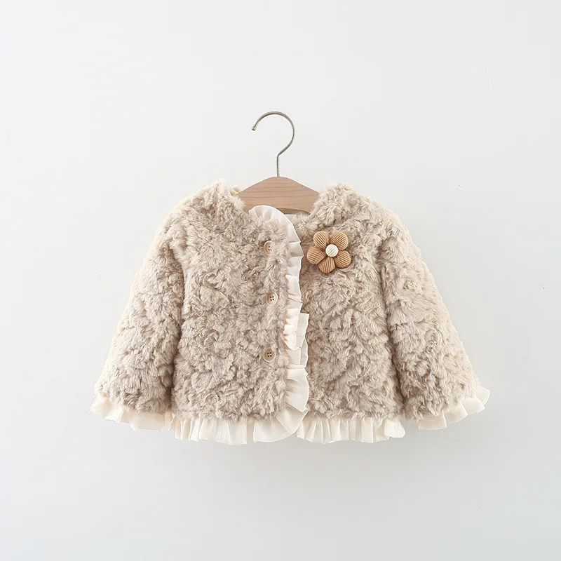 Children's Clothing Girl Jacket Winter Thickened Velvet Leaf Edge Plush Three-dimensional Flower Decoration Winter Fashion Top