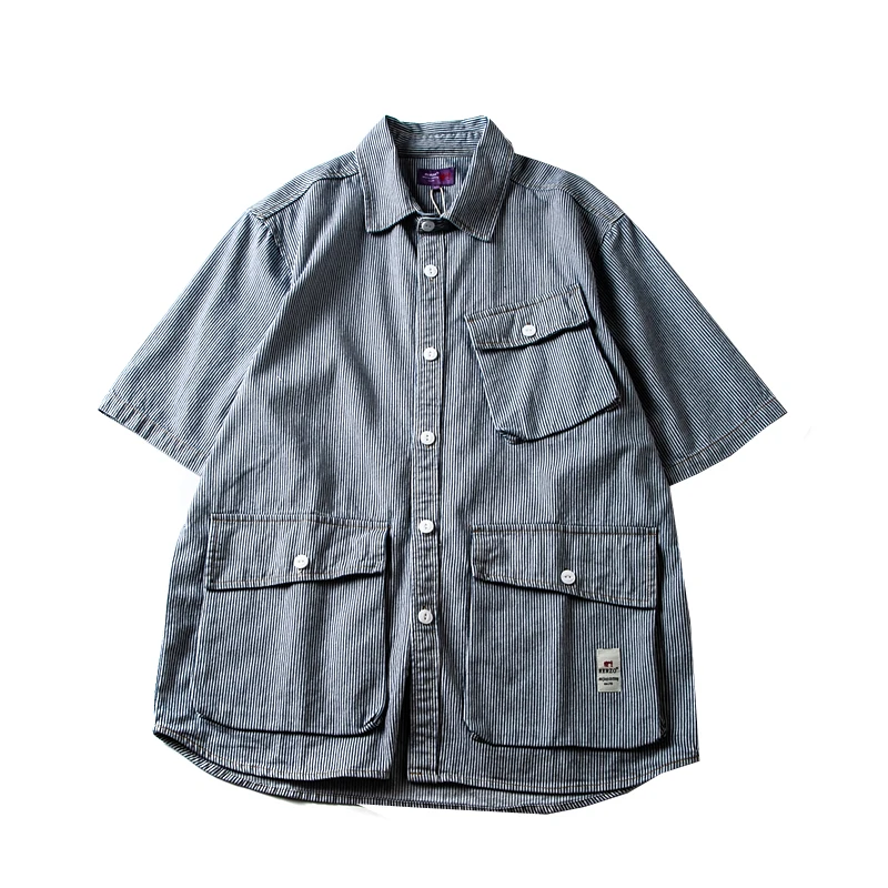 American Retro Pure Cotton Short Sleeve Denim Striped Workwear Shirt Couple Style Side Pocket Outerwear Trendy Khaki