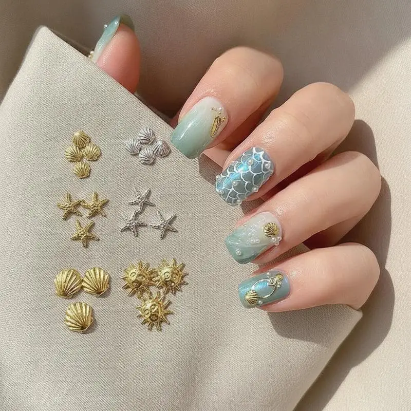 3D Mini Pure Gold Seahorse Shell Nail Charms Creative Copper Slice Conch Star Alloy Nail Art Decorations DIY Y2K Nails Supplies