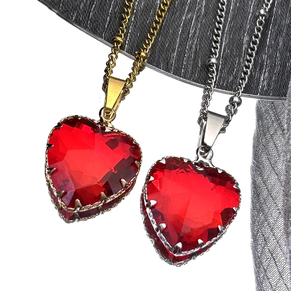 Gothic Punk Rotes Herz Glas Anhänger Halskette Halsband für Frauen Männer Edelstahl Gold Farbe Schlüsselbein Kette Halsketten Schmuck