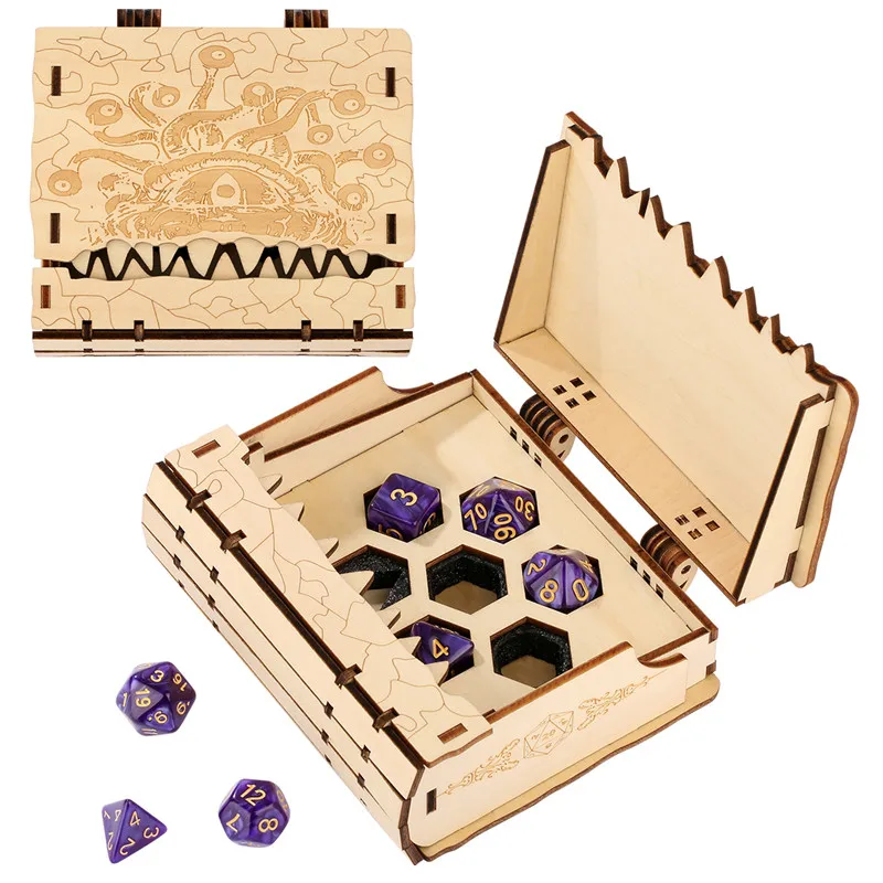 Fantasy Eye Demon Teeth Nature Wood Storage Box 7pcs/set Polyhedral Dices for Table Board Role Play Gaming Jewelry Display Case