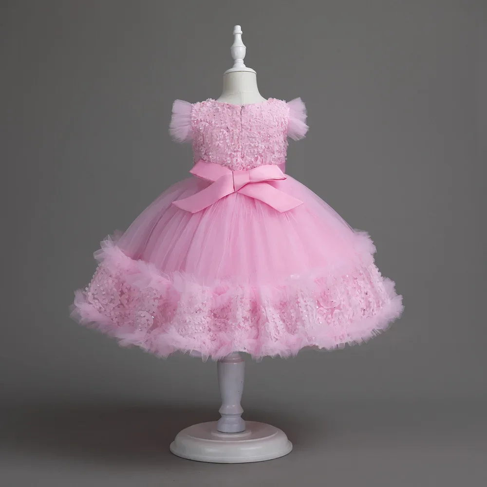 New Four Seasons Kid Princess Dress Lace Embroidered Bodice Girl Dress Wedding Party Performance Show Skirt Children Gown Clothe