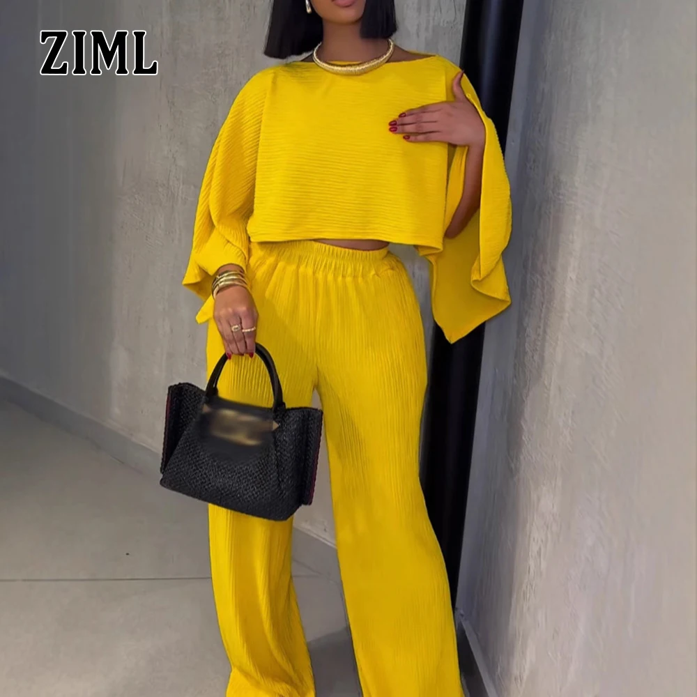 

ZIML однотонные комплекты из двух предметов для женщин, короткие топы с круглым вырезом и длинными рукавами, длинные брюки с высокой талией, минималистичный шикарный комплект, женская мода