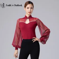 Sexy Women Leotard Long Sleeve Dancer Performance Show Wear Modern Classical Dance Top High Collar See Through Gauze Chest Red